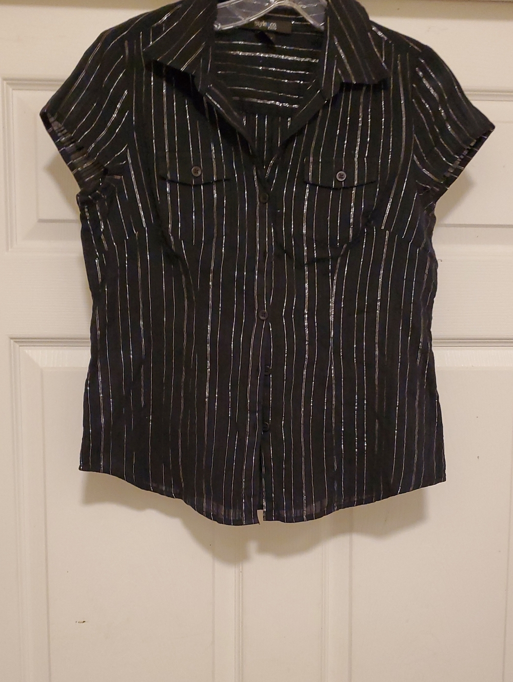 Style & Co. Black Short-Sleeve Button Down Shirt with Silver Pinstripes